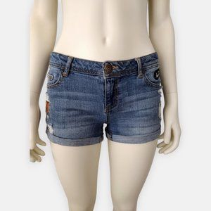 Vanilla Star Distressed Cuffed Leg Patch Denim Jean Shorts